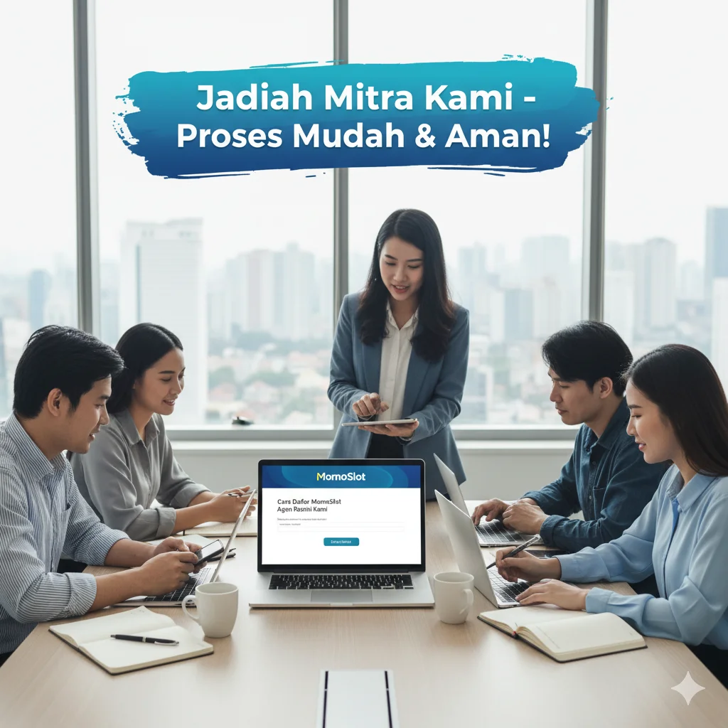 gambar dengan tema "Cara Daftar MomoSlot Agen Resmi Kami" yang menampilkan lima orang sedang belajar mendaftar. Gambar ini akan menyoroti kolaborasi dan kemudahan dalam proses pendaftaran sebagai agen resmi MomoSlot.
