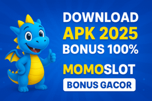 Banner promosi Momoslot APK 2025 – desain digital warna biru dengan ikon slot dan teks "Download APK Free Terbaru 2025".